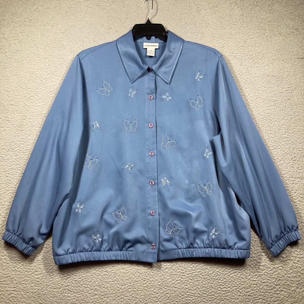 Alfred Dunner Jacket Women 18W Butterfly Embroidered Blue Button Up‎ Grandma